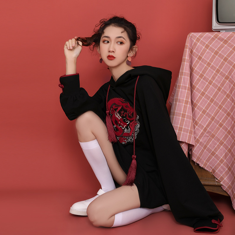 Heavy industry embroidery loose street long hooded sweater