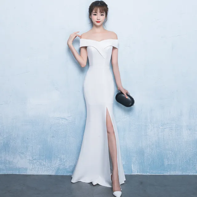 Banquet evening dress word shoulder fishtail dress White - Shop at LoveMi