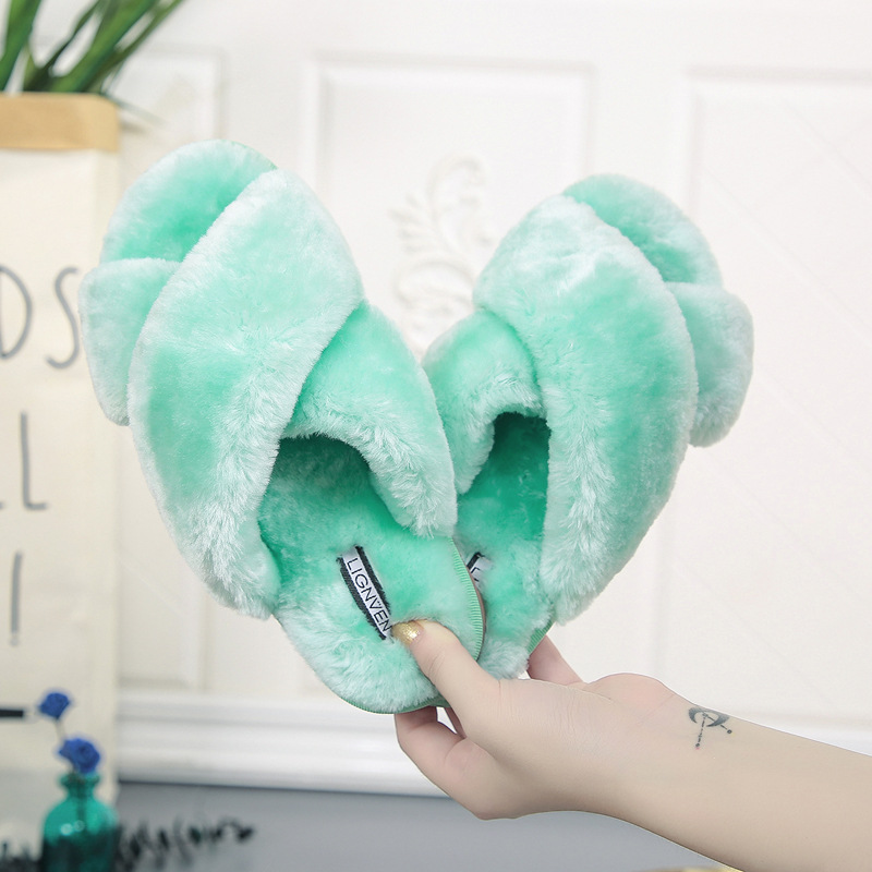 Cross open toe fur slippers Green - Shop at LoveMi
