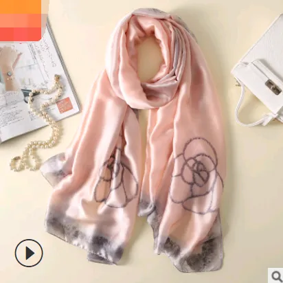 Spring, summer and autumn, new flowers, elegant and high-end artificial silk scarf, female decorative shawl, sunscreen beach towel - Ink Flower Pow...