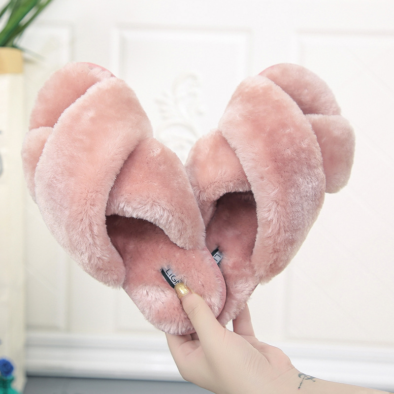 Cross open toe fur slippers Pink - Shop at LoveMi