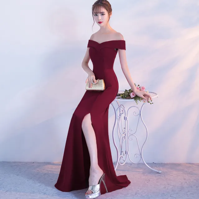 Banquet evening dress word shoulder fishtail dress Jujube - Shop at LoveMi