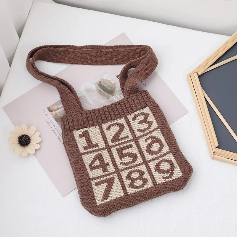 Concave shape diagonal straddle knitted bag - Coffee
