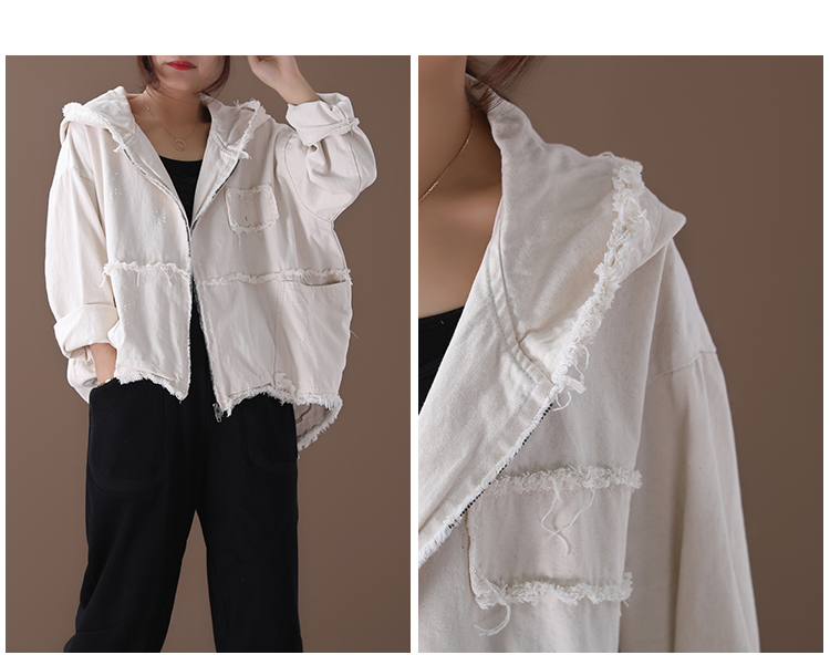 Korean style loose large size literary hooded raw edge washed distressed denim short jacket