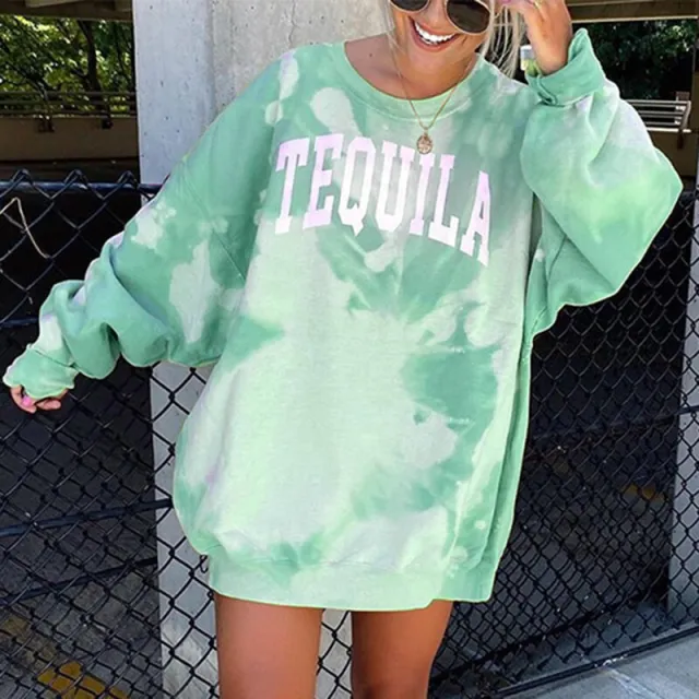 Loose slimming round neck letter printing tie dye long sleeved sweater women Green - Shop at LoveMi
