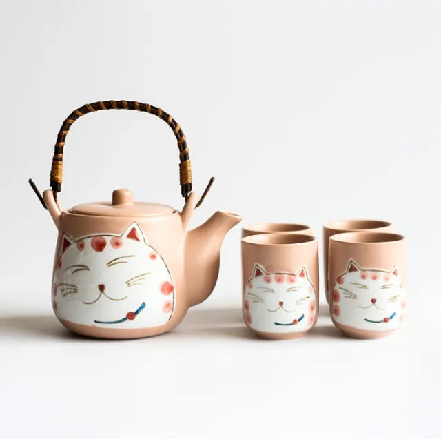 Creative Hand painted Lucky Cat Ceramic Tea Set One Pot Four Cup Gift Set Home Black Two Pink - Shop at LoveMi