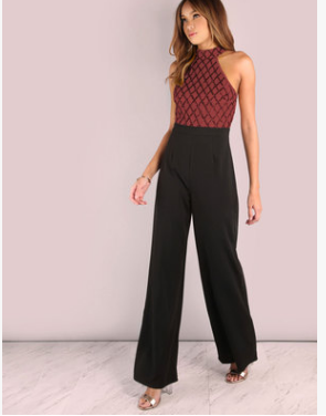 European and American women's sexy jumpsuit hanging neck sequins stitching trumpet jumpsuit trousers Claret - Shop at LoveMi