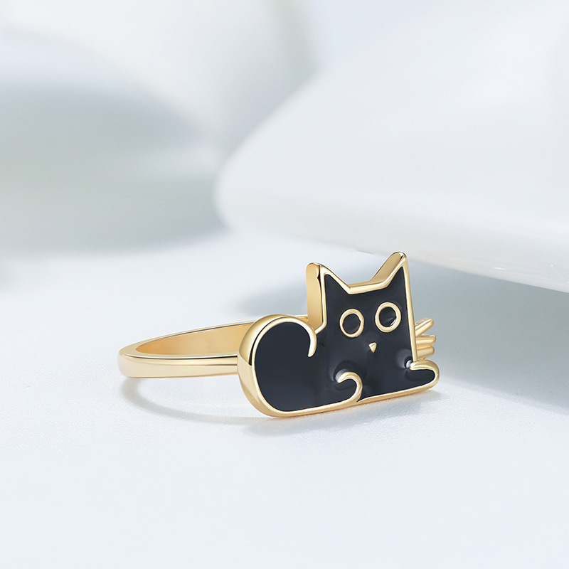 Cartoon black cat sterling silver ring