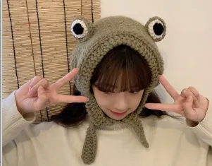 Big eyes frog woolen hat Coffee - Shop at LoveMi