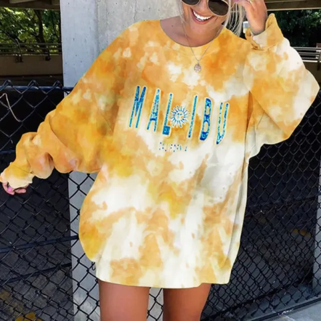 Loose slimming round neck letter printing tie dye long sleeved sweater women Yellow - Shop at LoveMi