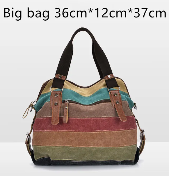 KVKY Brand Fashion Canvas Bag Brand Women Handbag Classic Patchwork Casual Female Shoulder Bags Striped Rainbow Purse Pouch Rainbow - Shop at LoveMi