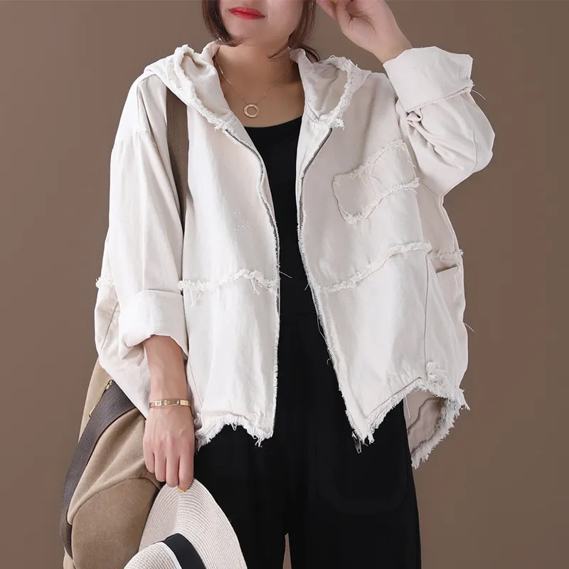 Korean style loose large size literary hooded raw edge washed distressed denim short jacket - Beige