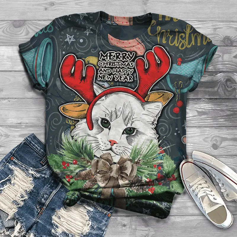 Christmas new women's round neck casual loose short sleeve