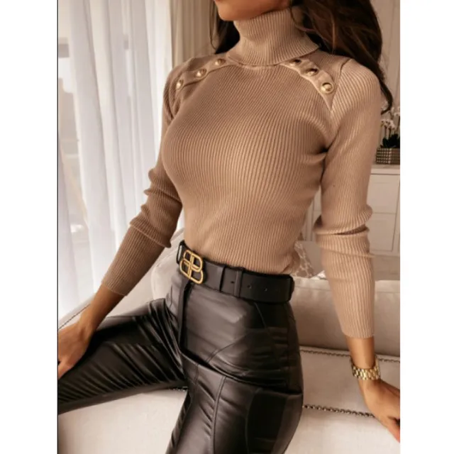 High collar long sleeve button top Khaki - Shop at LoveMi