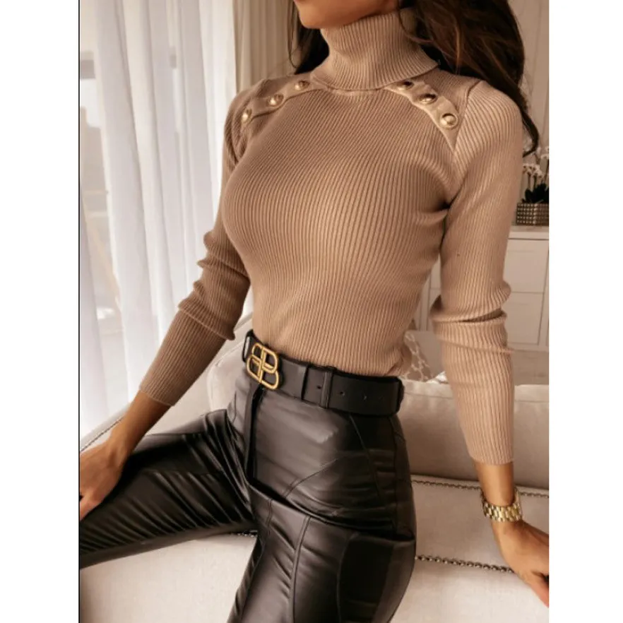 High collar long sleeve button top - Khaki
