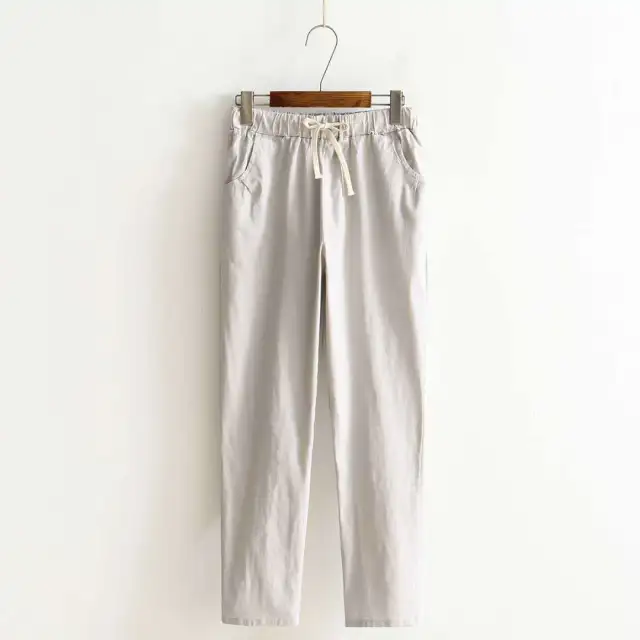Solid color nine point pants washed cotton and linen White A - Shop at LoveMi