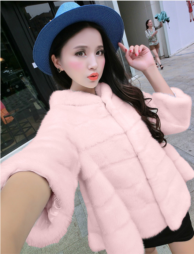 Mid-length female imitation mink coat with hood