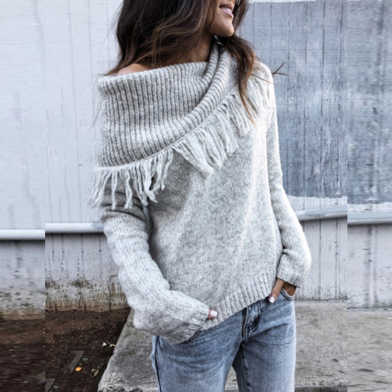 New shawl collar tassel solid Pullover