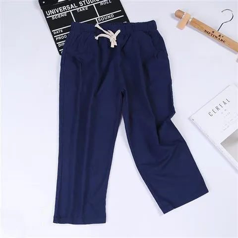 Solid color nine point pants washed cotton and linen Blue - Shop at LoveMi