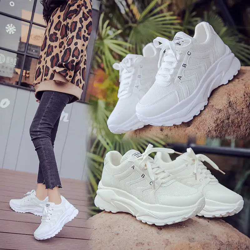 Women's small white shoes with thick sole and mesh surface