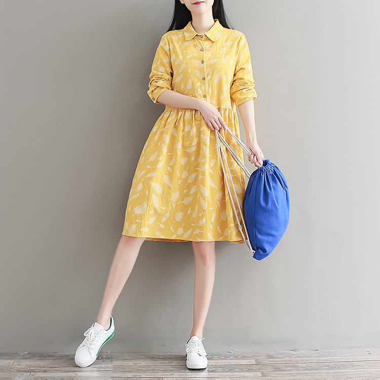 Loose and thin cotton and linen mid-length printed dress