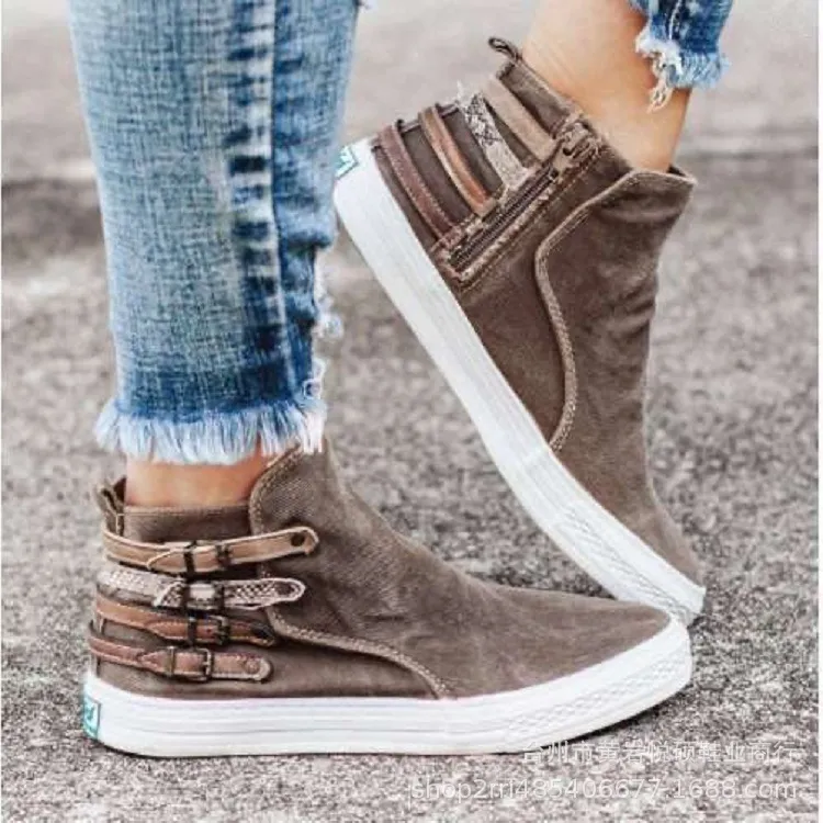 Large size belt buckle denim women's shoes - Camel