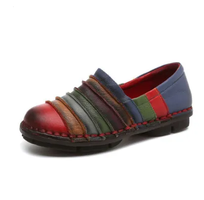 Flat sole shoes female leather deep mouth stitching soft bottom mother shoes handmade soft bottom scoop shoes Red - Shop at LoveMi