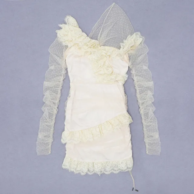 Patchwork lace trim transparent sleeve slim dress White - Shop at LoveMi