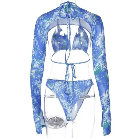 Three Piece Swimsuit with Printed Lace Up