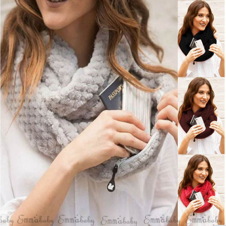 Men's and women's winter warm circular knit round neck pocket zipper scarf