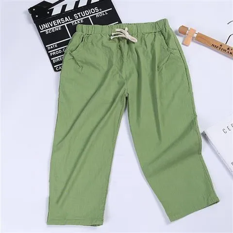 Solid color nine point pants washed cotton and linen Autumn Green B - Shop at LoveMi