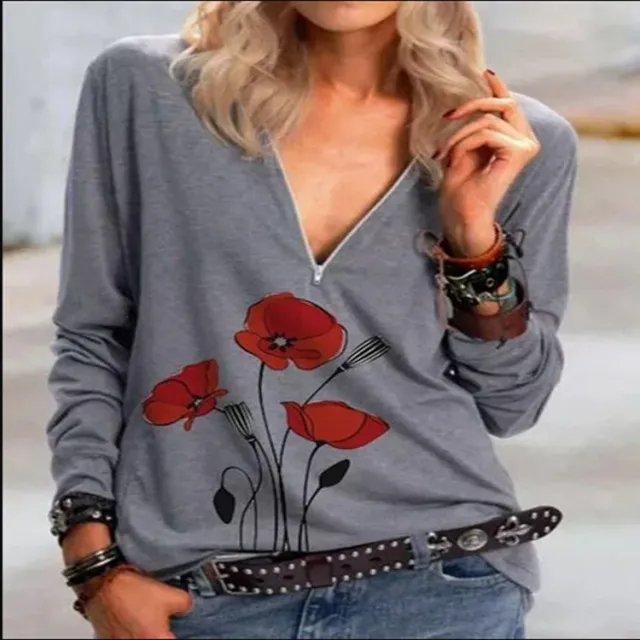 Autumn long sleeved printed V neck sweater Grey - Shop at LoveMi
