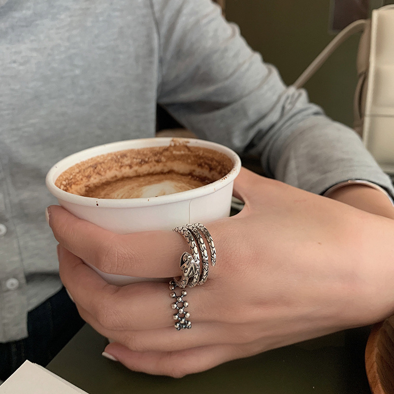 Retro Thai silver double round bead ring