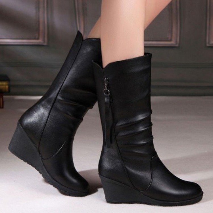 Women's thick-soled British style mid-tube boots