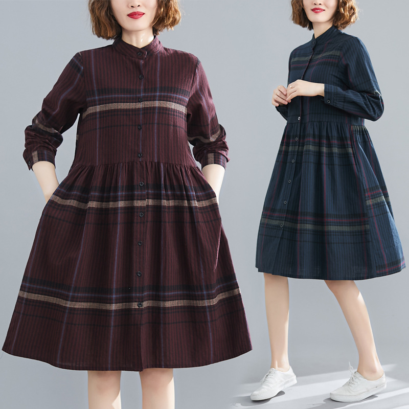Stand collar checked cotton and linen long sleeve dress