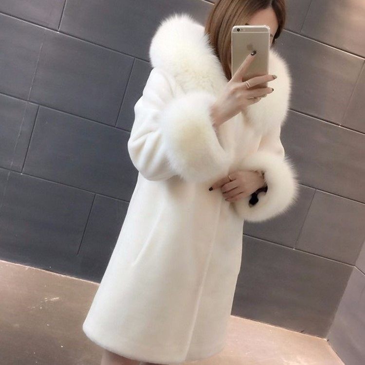 Hooded fox wool sheep sheared fur coat jacket
