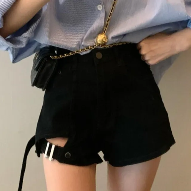 All match irregular high waist denim shorts Black - Shop at LoveMi