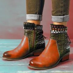 Ladies mid-heel colour block boots - Orange - View 1