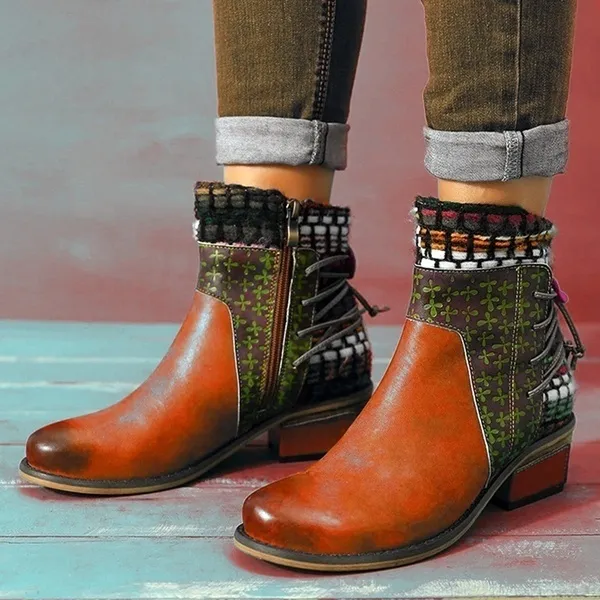 Ladies mid heel color block boots Orange - Shop at LoveMi
