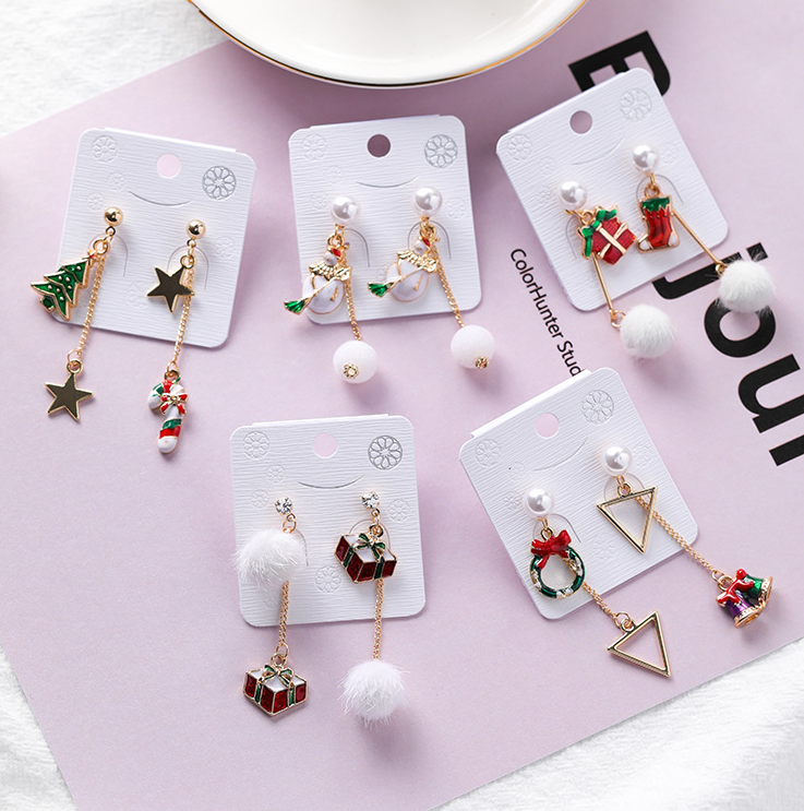 Elk Santa Snowflake Star Asymmetric Hairball Earrings Earrings Christmas