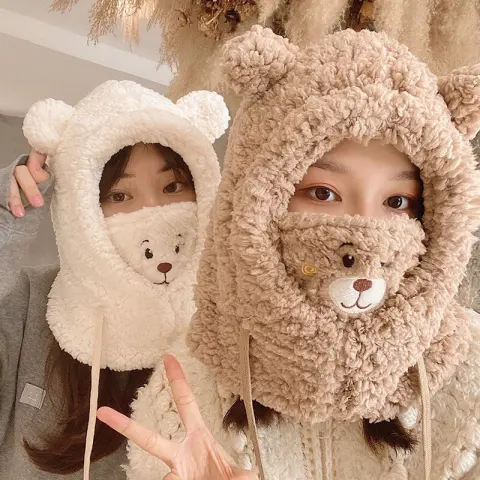 Cute Bear Plush Hat Winter Warm Thickened Scarf
