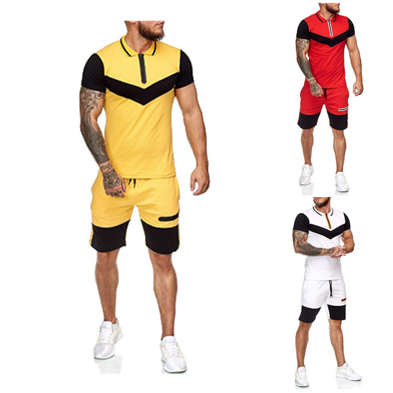 Men's summer color matching slim sports suit