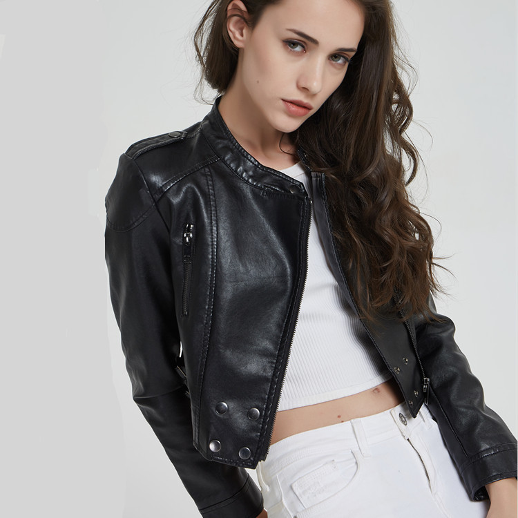 Short slim standing collar women's Motorcycle Jacket