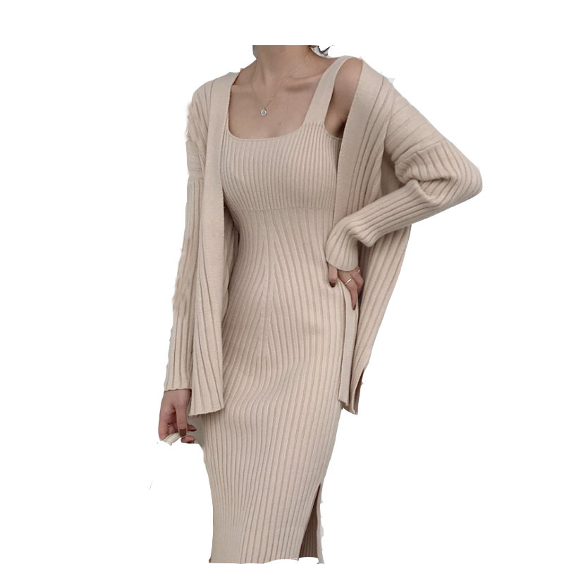 All-match slimming knitted cardigan suit suspender dress two-piece suit
