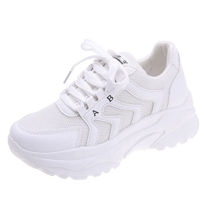 Women's small white shoes with thick sole and mesh surface - White