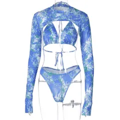 Three piece swimsuit with printed lace up - Blue - View 1