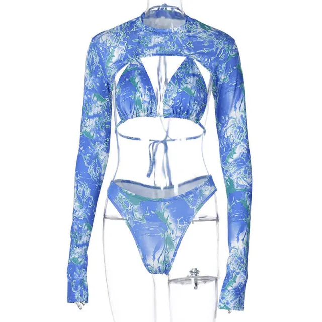 Three piece swimsuit with printed lace up Blue - Shop at LoveMi
