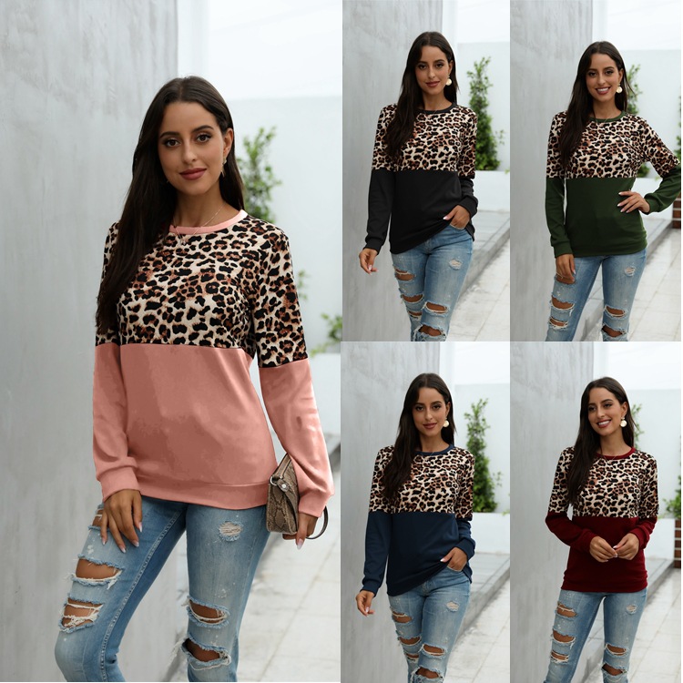 Ladies leopard stitching long sleeve T-shirt