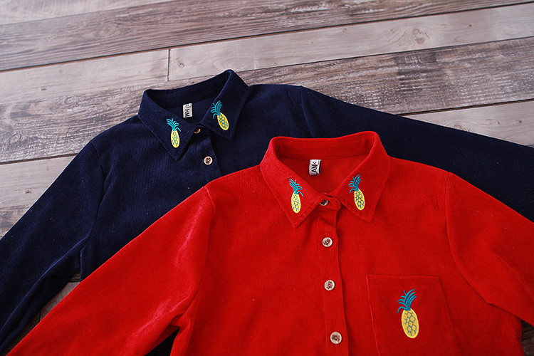 Pineapple embroidery loose plus size corduroy long sleeve dress