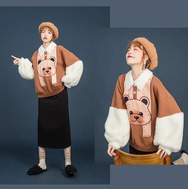 Lambskin Stitched Sweater Women New Fashion cartoon Decal cashmere top coat - Shop at LoveMi